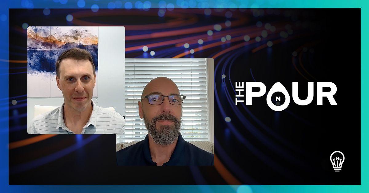 The Pour episode thumbnail showing two men in a video conversation, James Koran and Mark Hughey, on a dark blue tech-styled background with "The Pour" logo and the Moxie Labs lightbulb icon.