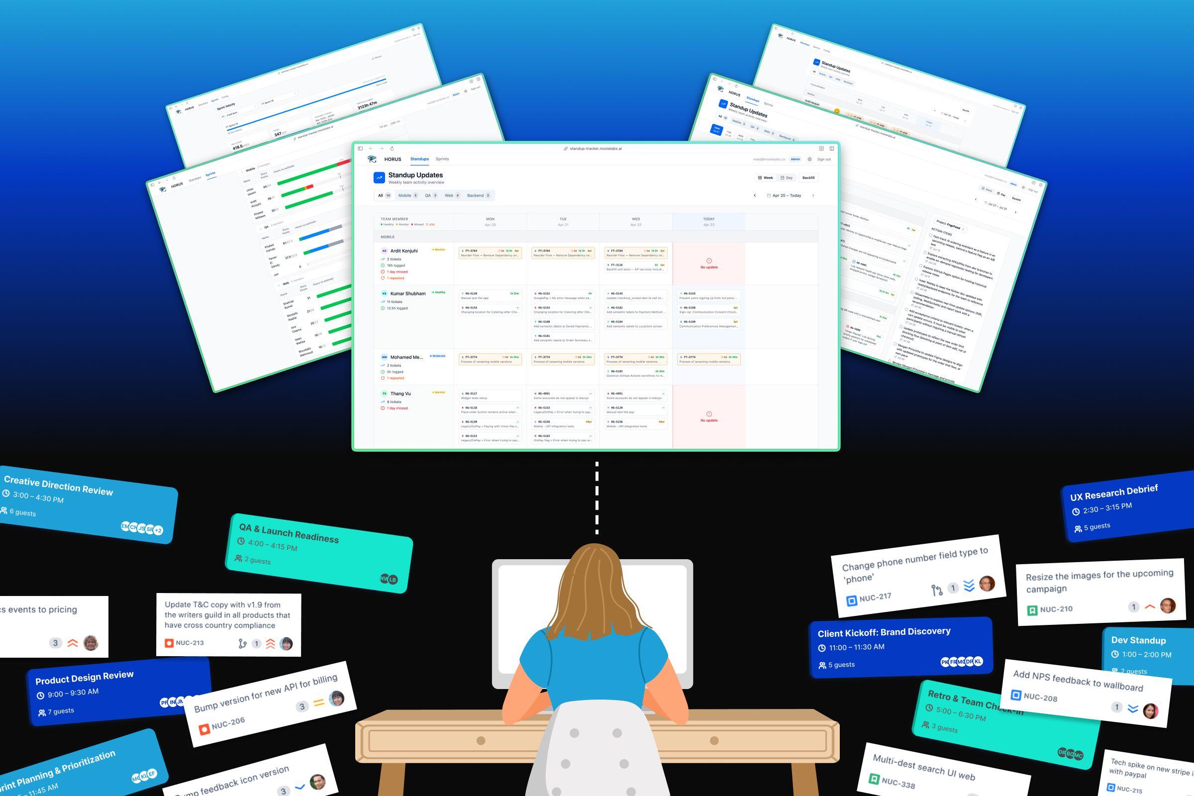 The Horus dashboard bringing fragmented sprints, stand-ups, and tasks into a single view.