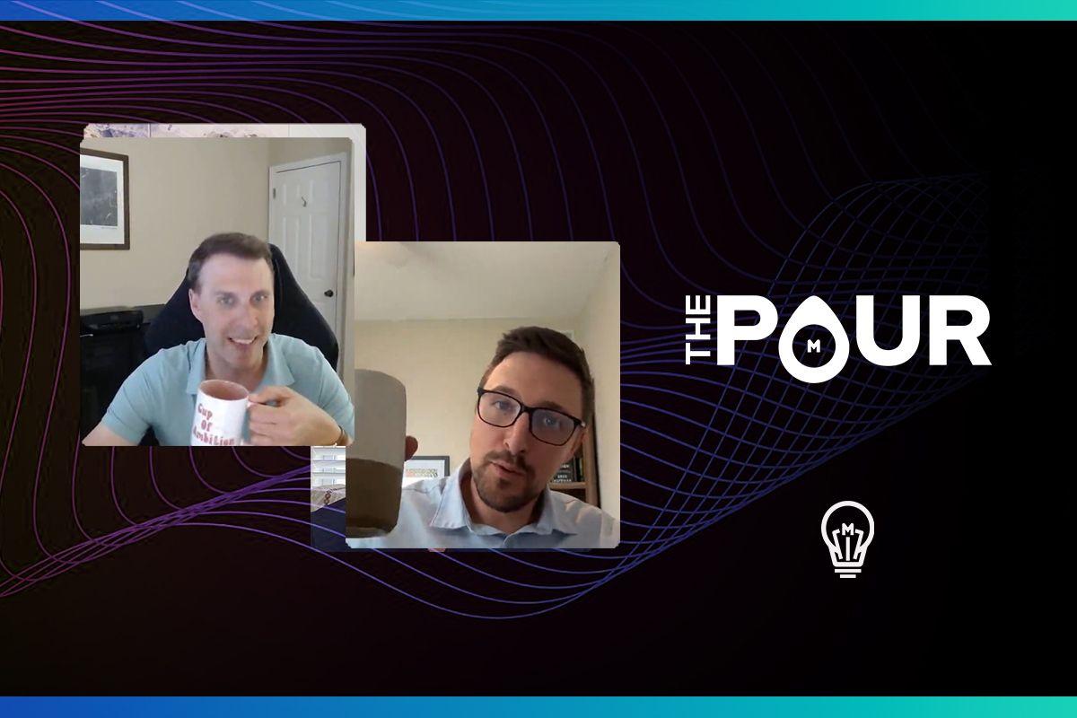 The Pour logo and screenshots of two men drinking coffee