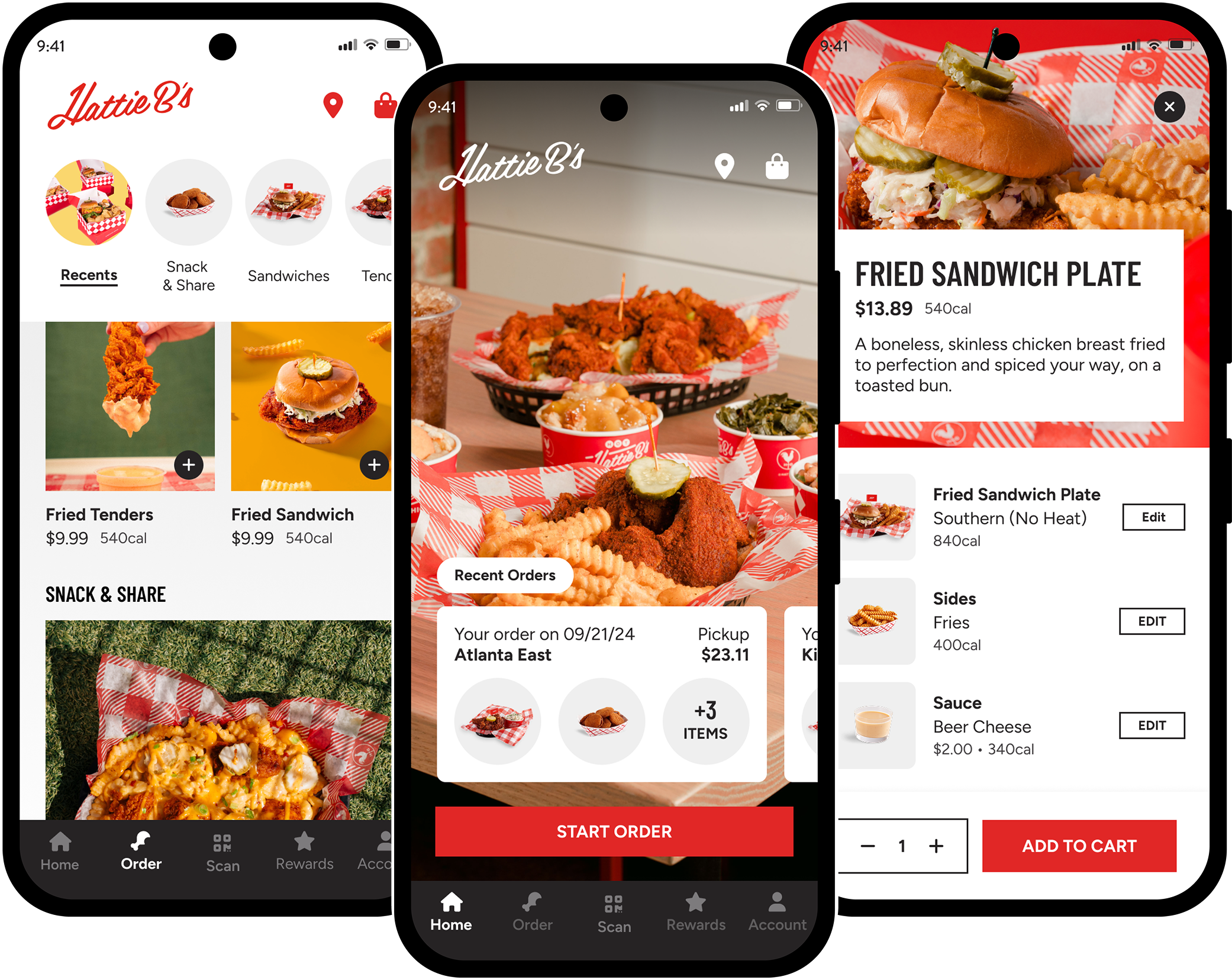 Hattie B's mobile app ordering screens