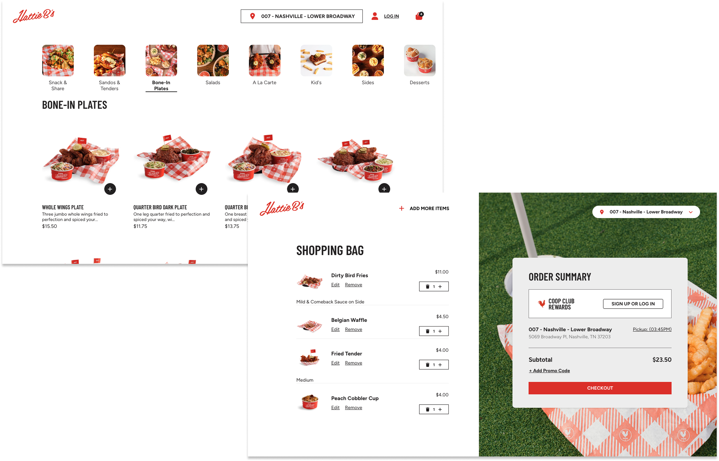 Hattie B's web ordering screens