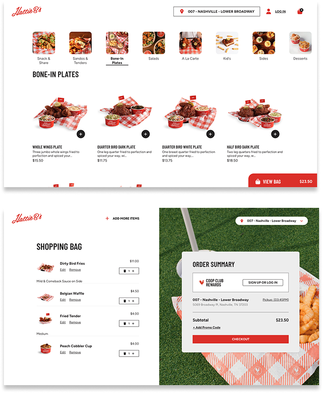 Hattie B's web ordering screens
